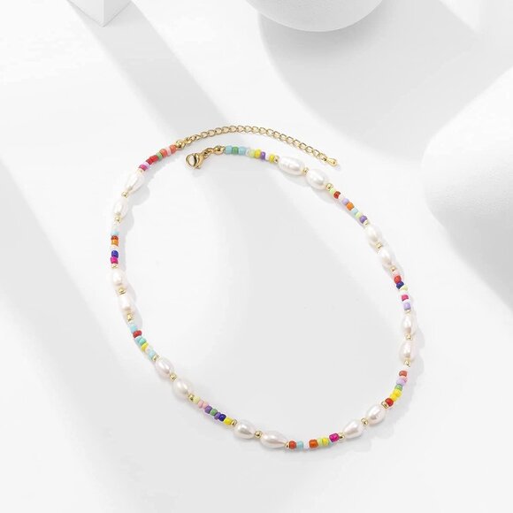 Colorful Beaded Necklace Women Pearl Choker Gold Plated Stainless Steel - Picture 5 of 6